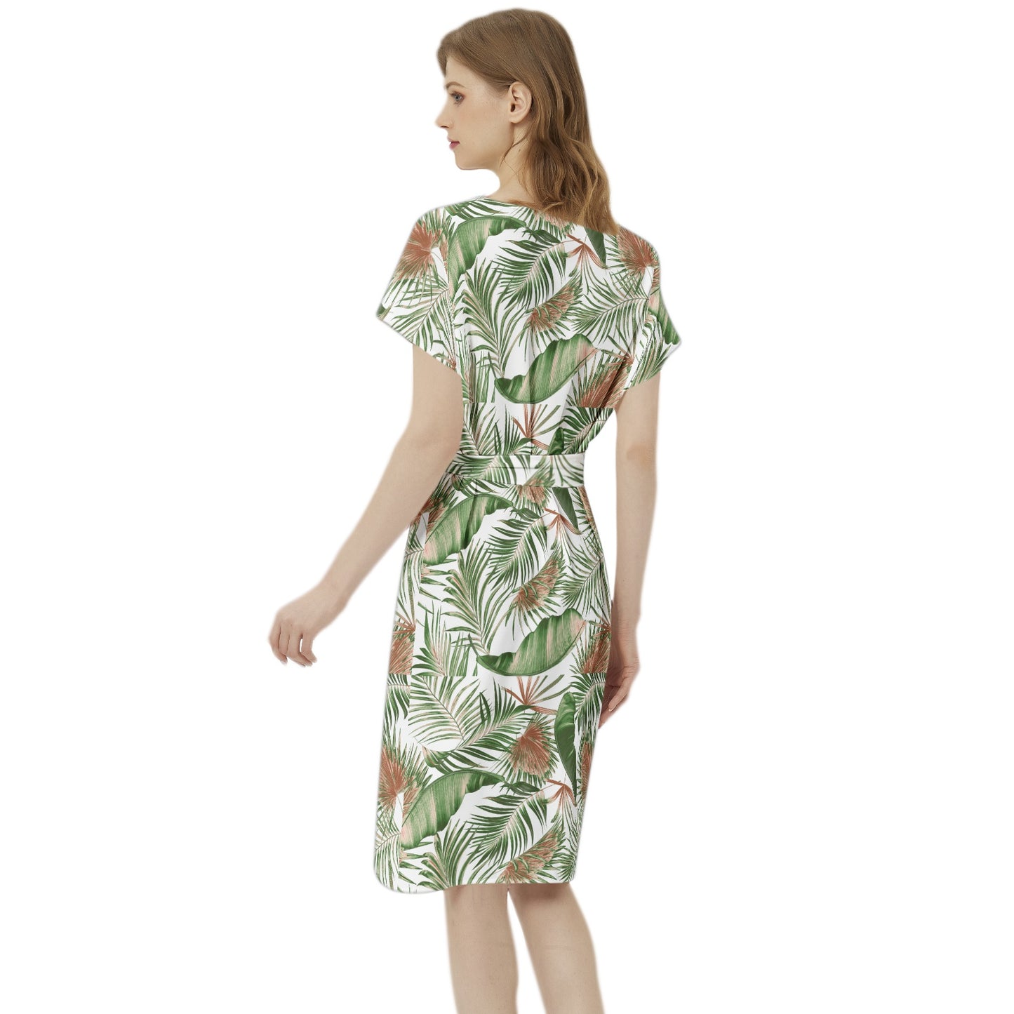 Betwing Seleeve Notch Neck Casual Dress with Belt