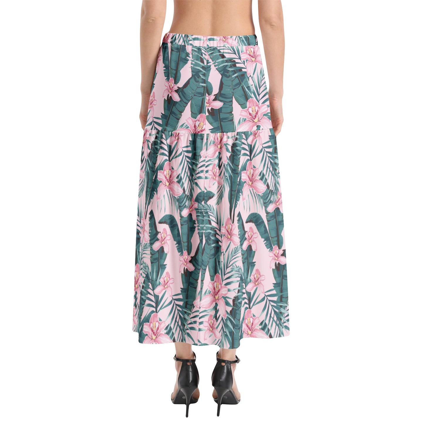 Elastic Waist Ruffle Slit Hem Skirt