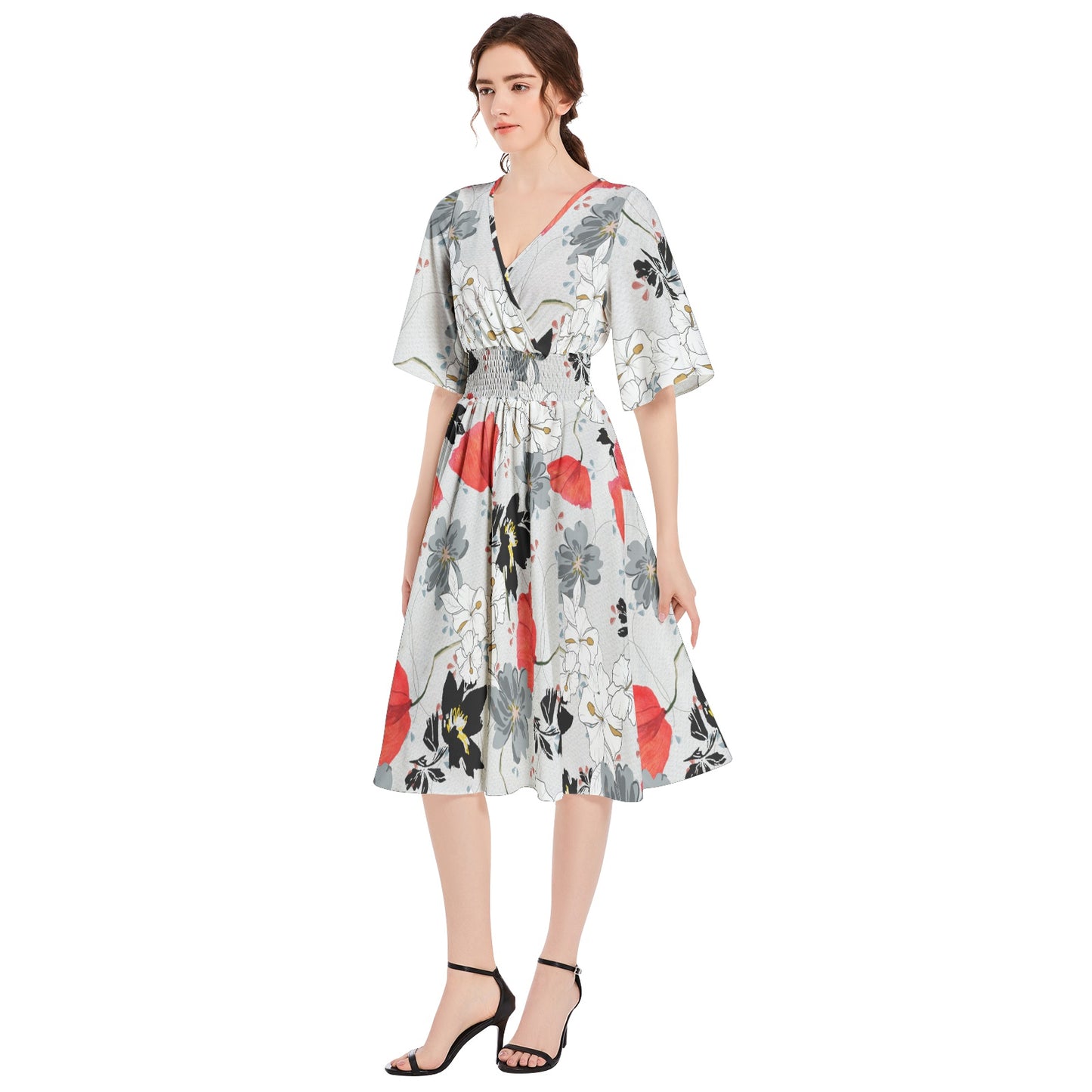 Butterfly Sleeve Shirred High Waist A Line Midi Dress
