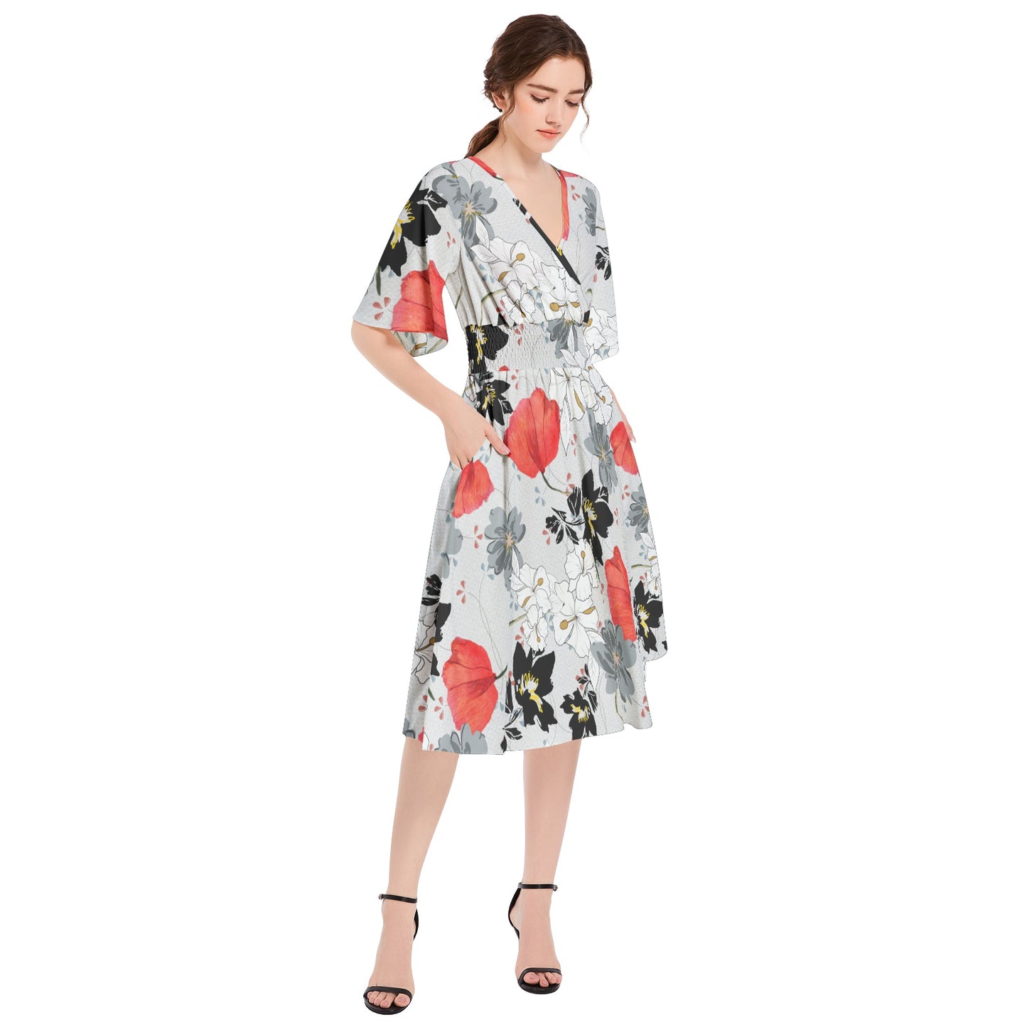 Butterfly Sleeve Shirred High Waist A Line Midi Dress
