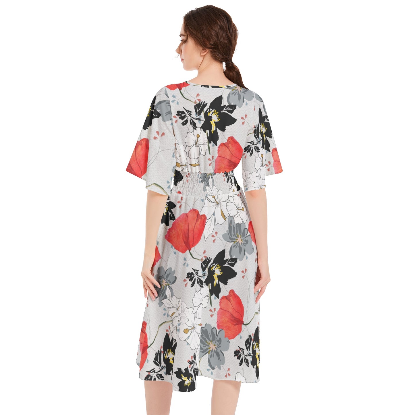Butterfly Sleeve Shirred High Waist A Line Midi Dress