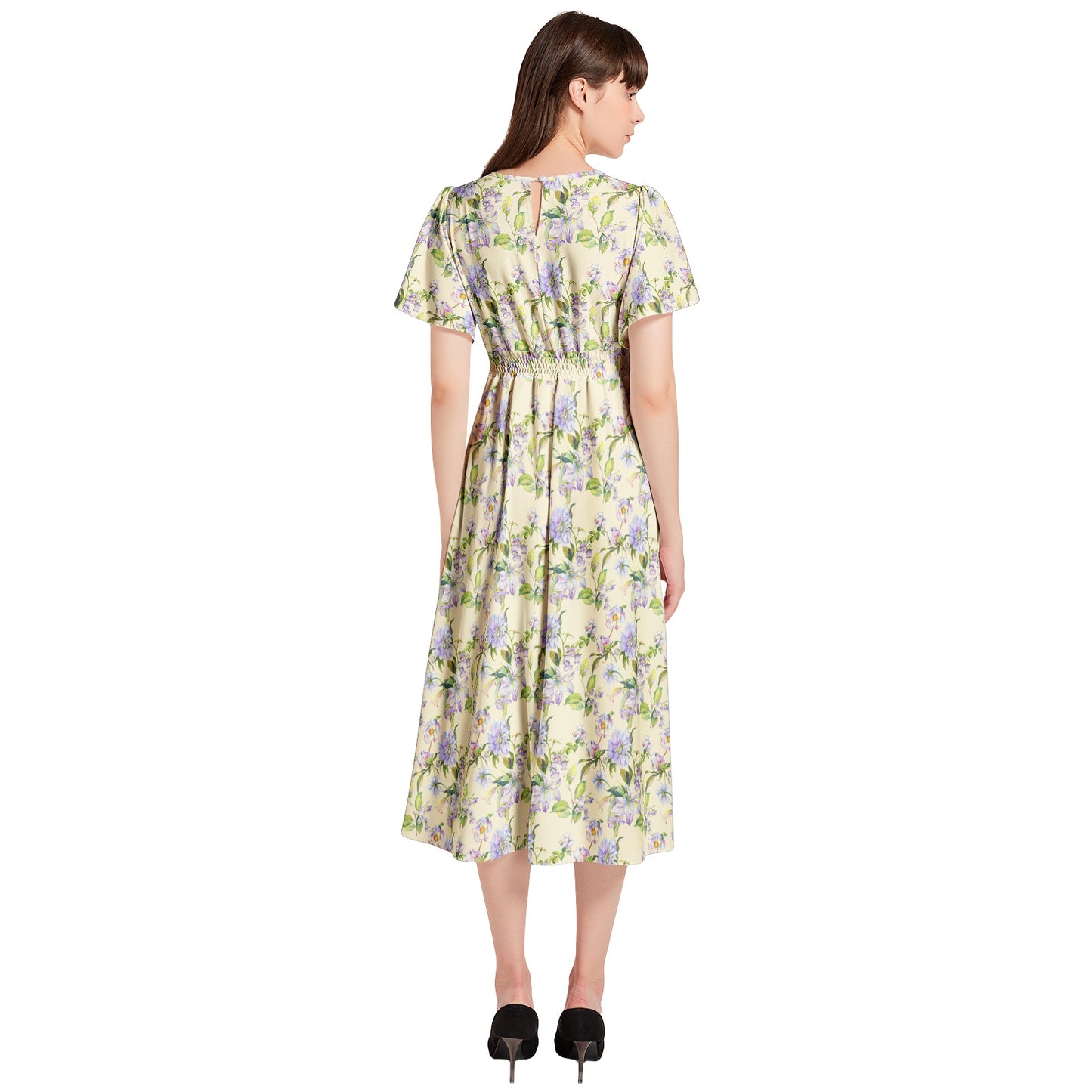 Short Sleeve Shirred Waist Midi Dress