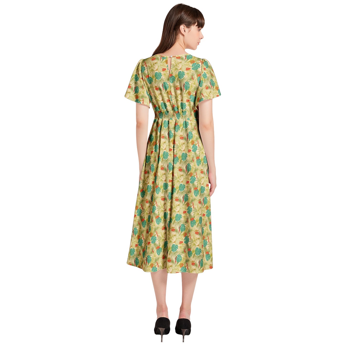 Short Sleeve Shirred Waist Midi Dress