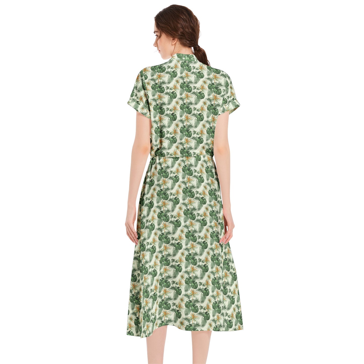 Drawstring Waist A-line Flared Midi Dress