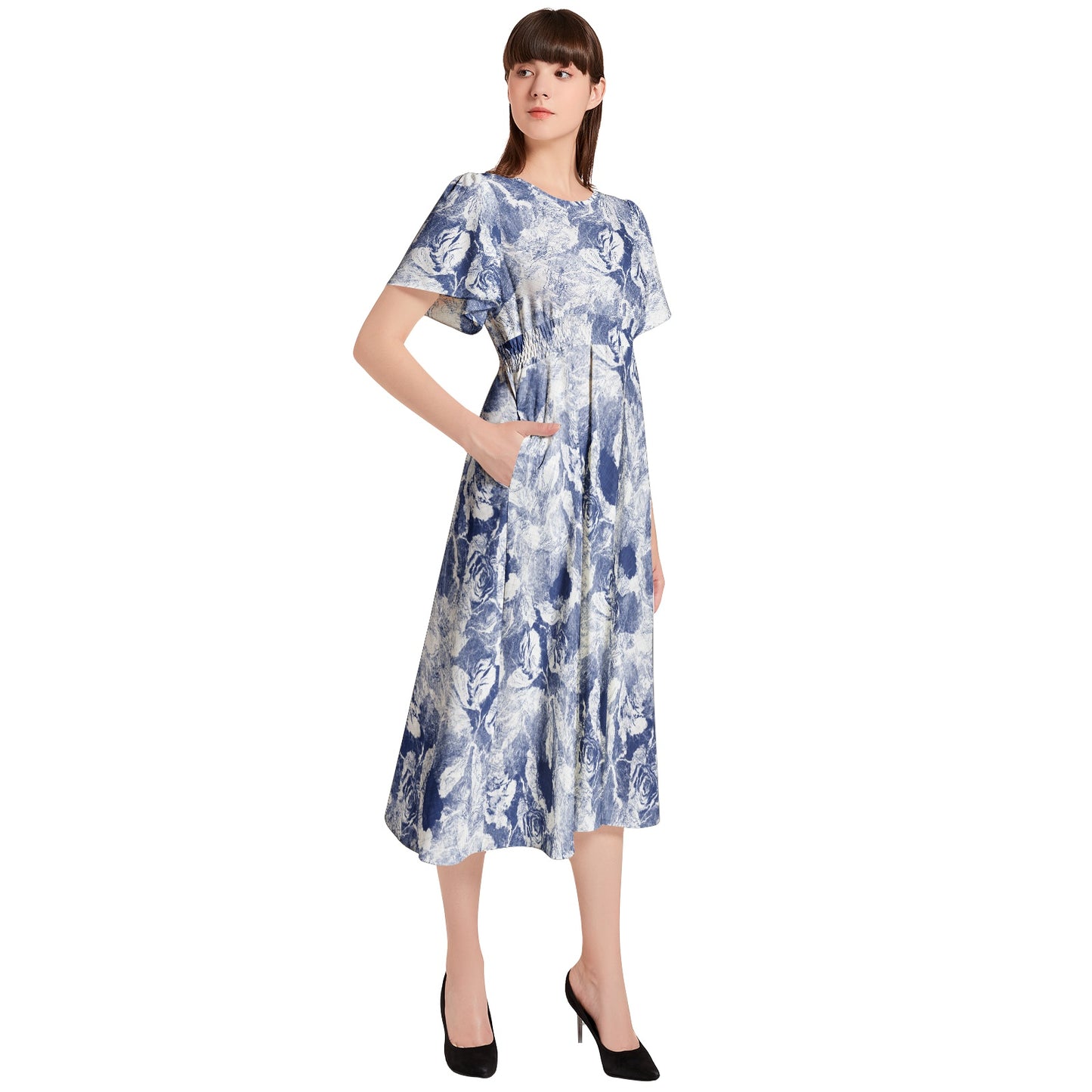 Short Sleeve Shirred Waist Midi Dress