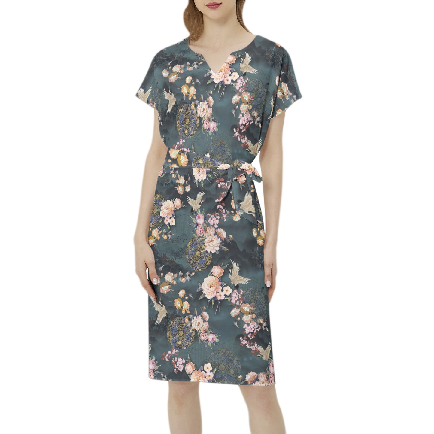 Betwing Seleeve Notch Neck Casual Dress with Belt