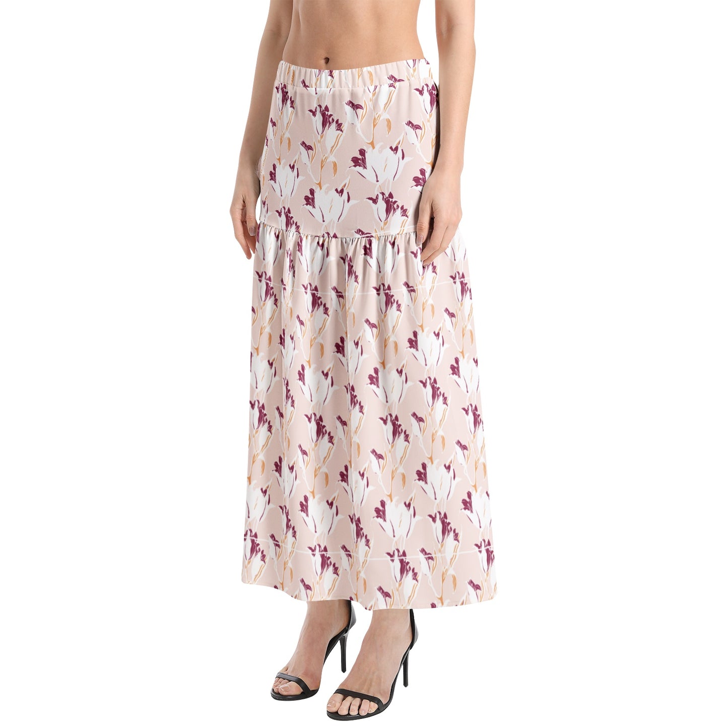 Elastic Waist Ruffle Slit Hem Skirt