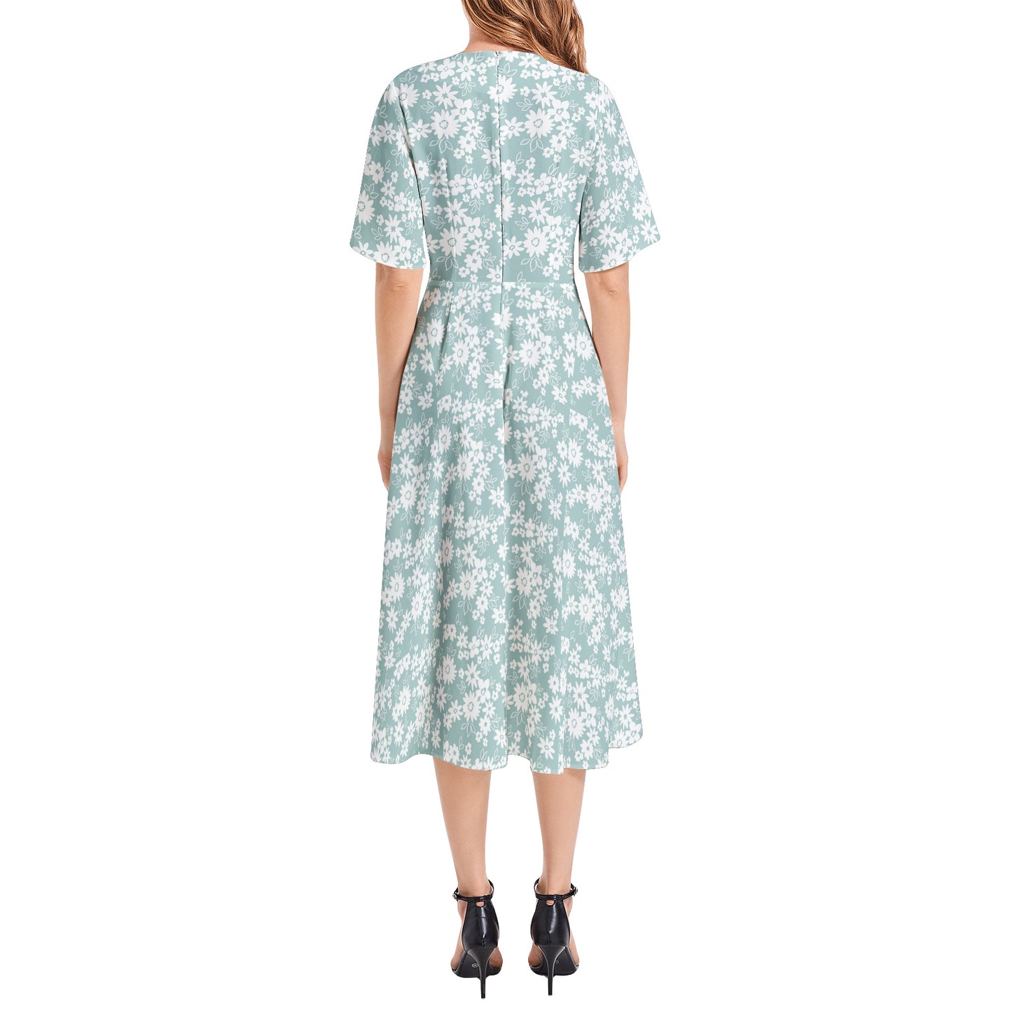 Short Sleeve Waist Folding Midi Dress