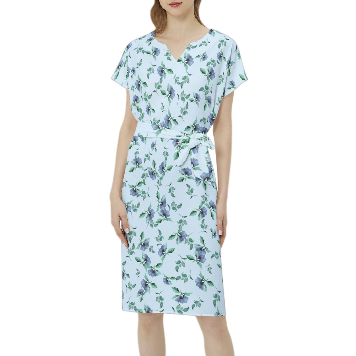 Betwing Seleeve Notch Neck Casual Dress with Belt