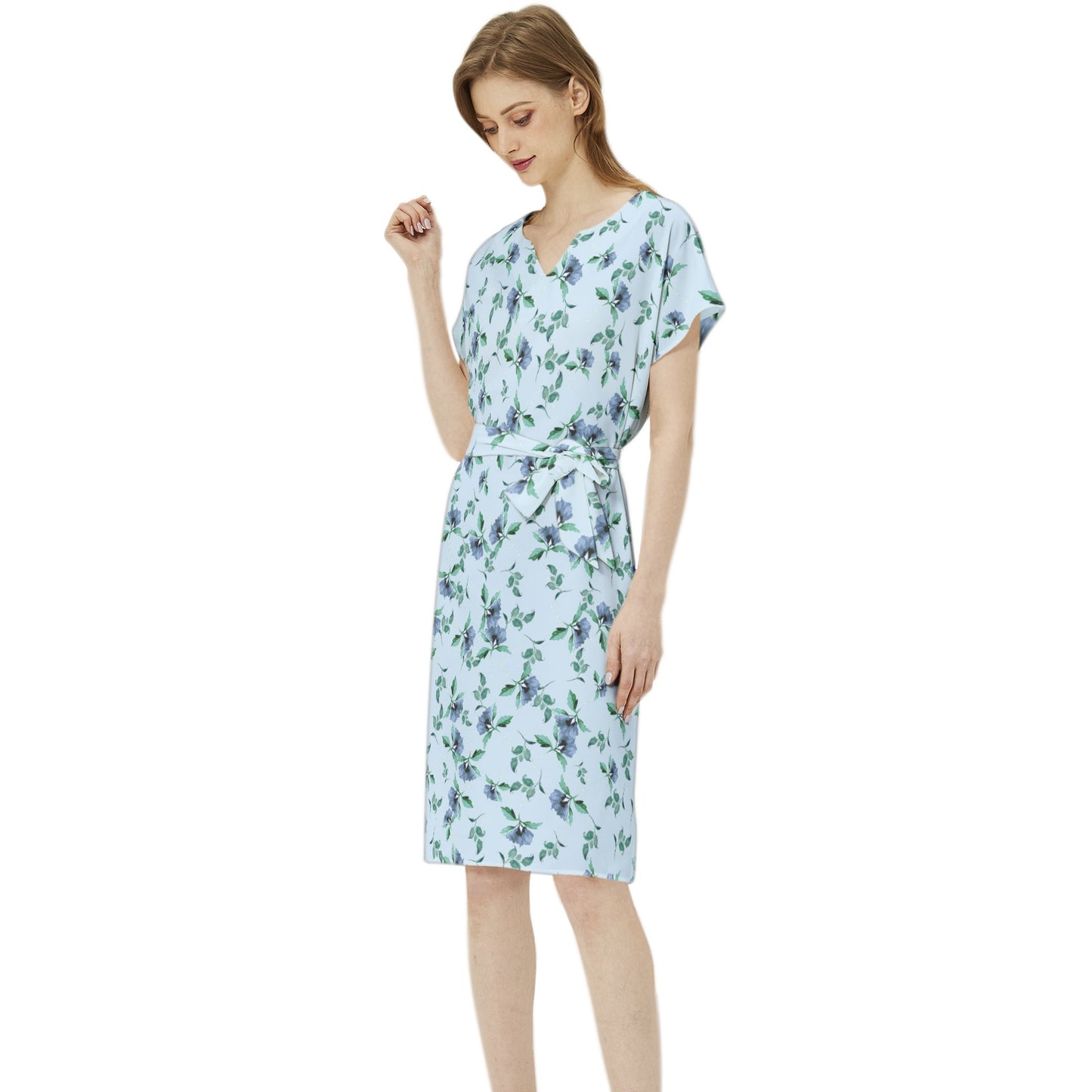 Betwing Seleeve Notch Neck Casual Dress with Belt