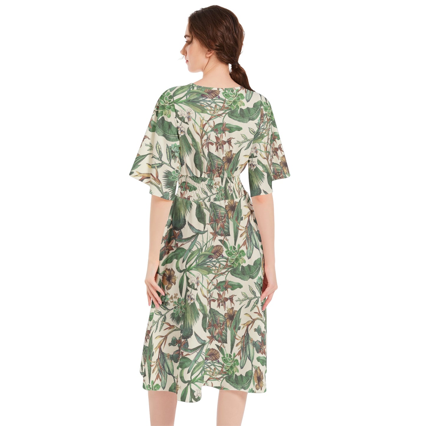 Butterfly Sleeve Shirred High Waist A Line Midi Dress