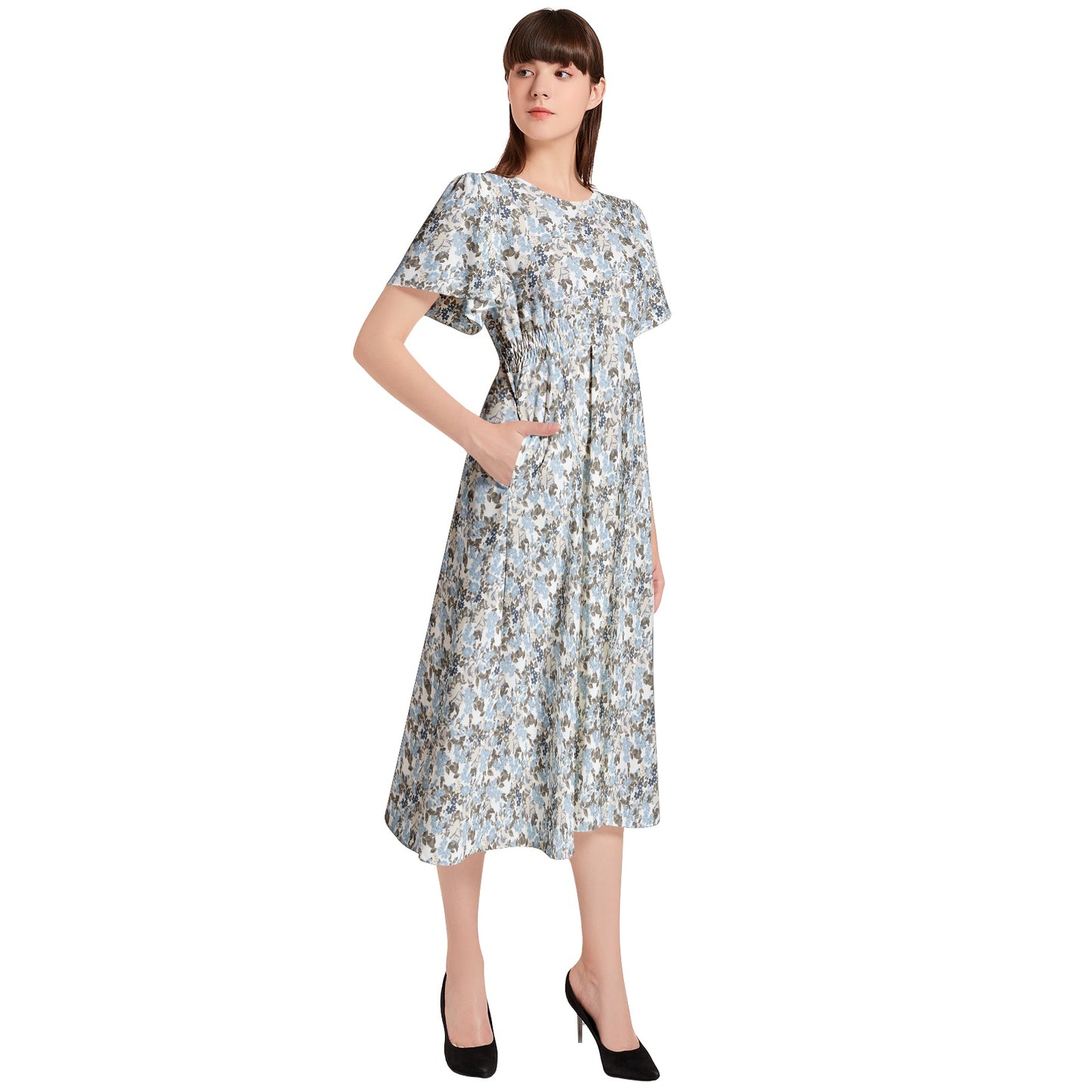 Short Sleeve Shirred Waist Midi Dress