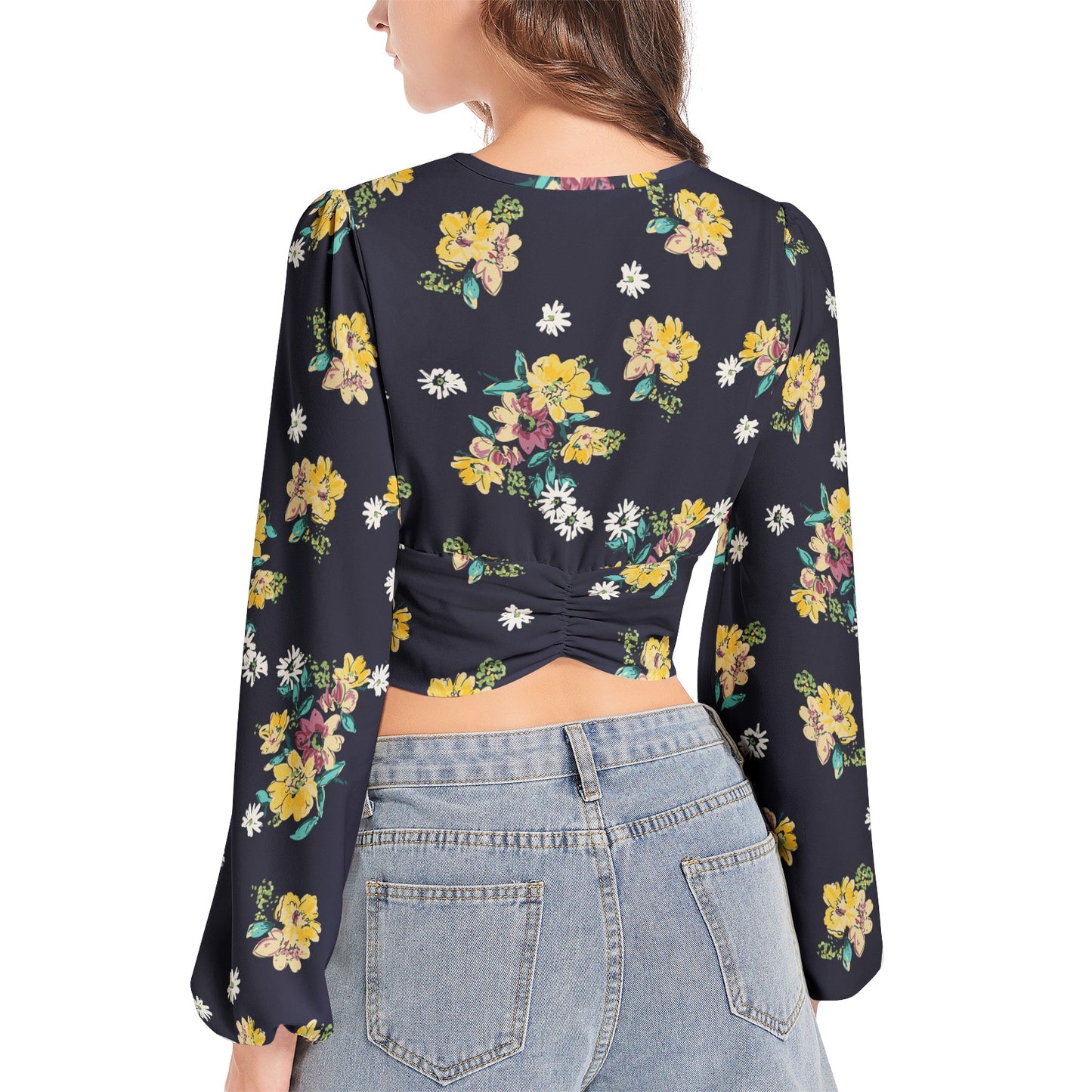 Women's Deep V-Neck Lantern Sleeve Crop Top