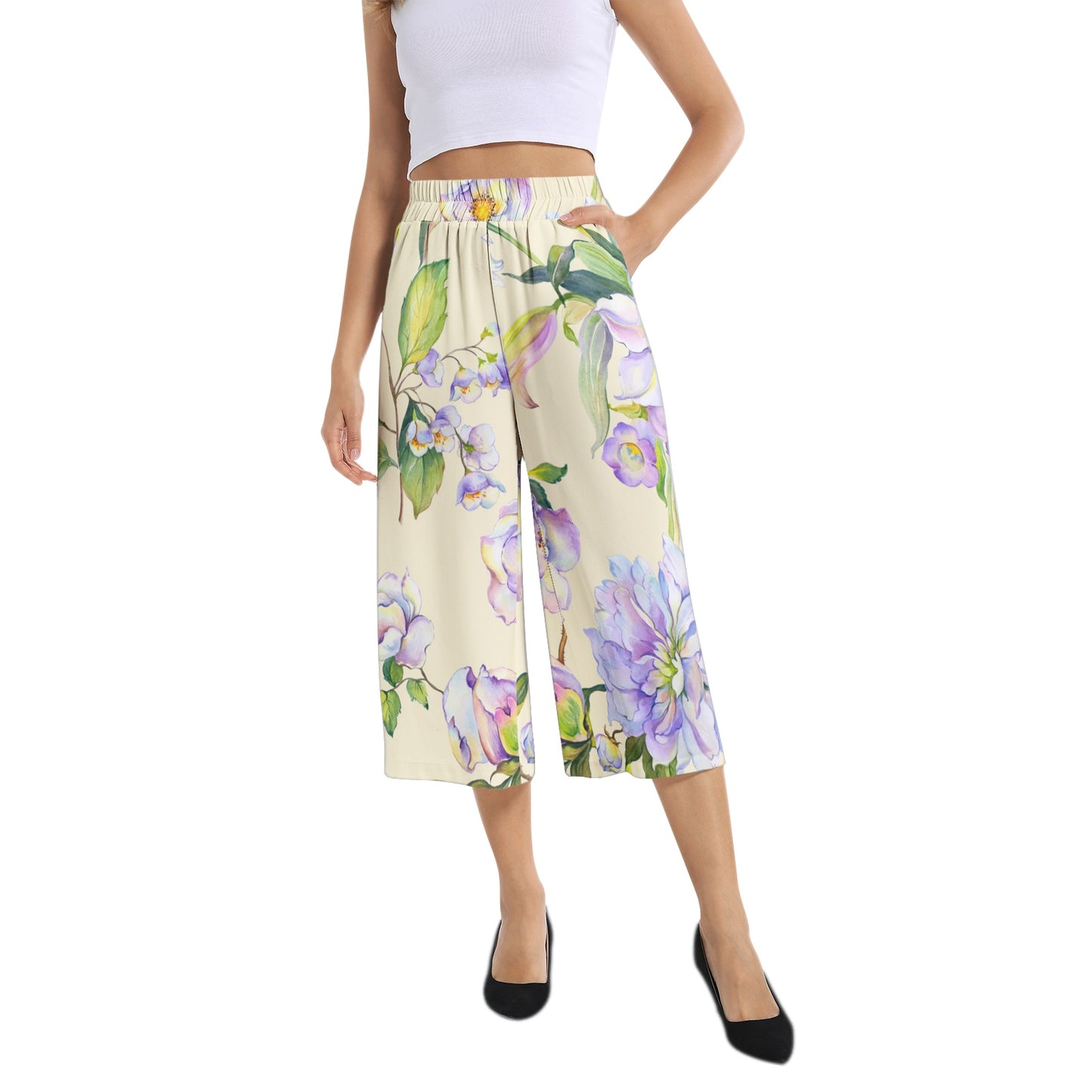 Elastic Waist Capris Wide Leg Pant