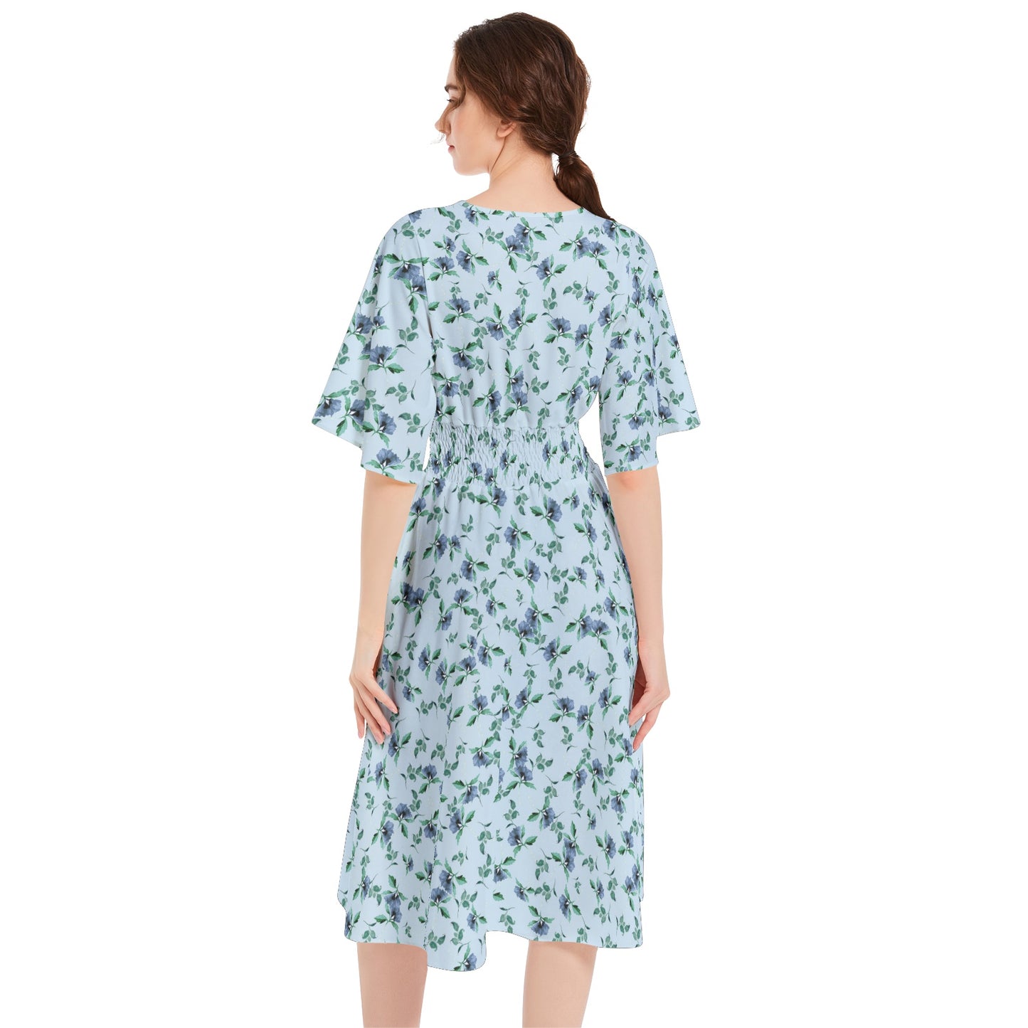 Butterfly Sleeve Shirred High Waist A Line Midi Dress