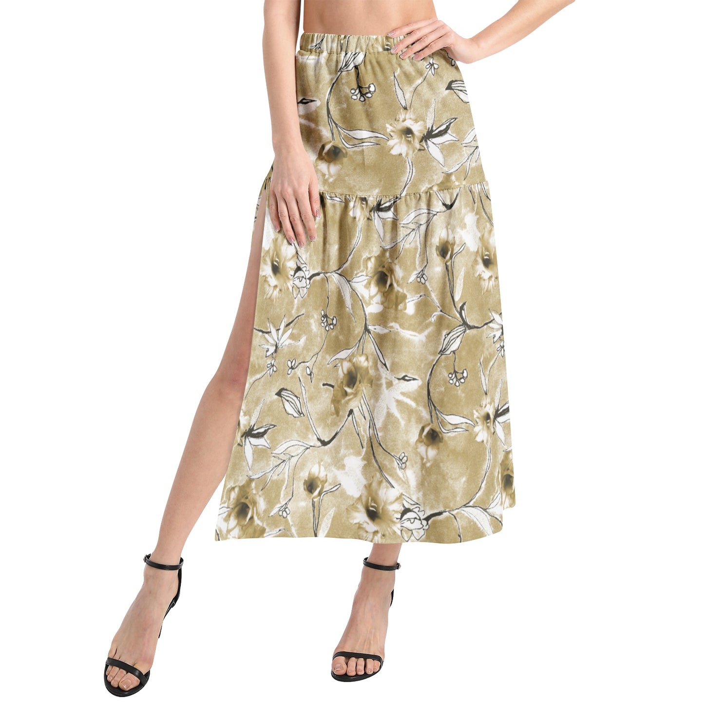 Elastic Waist Ruffle Slit Hem Skirt