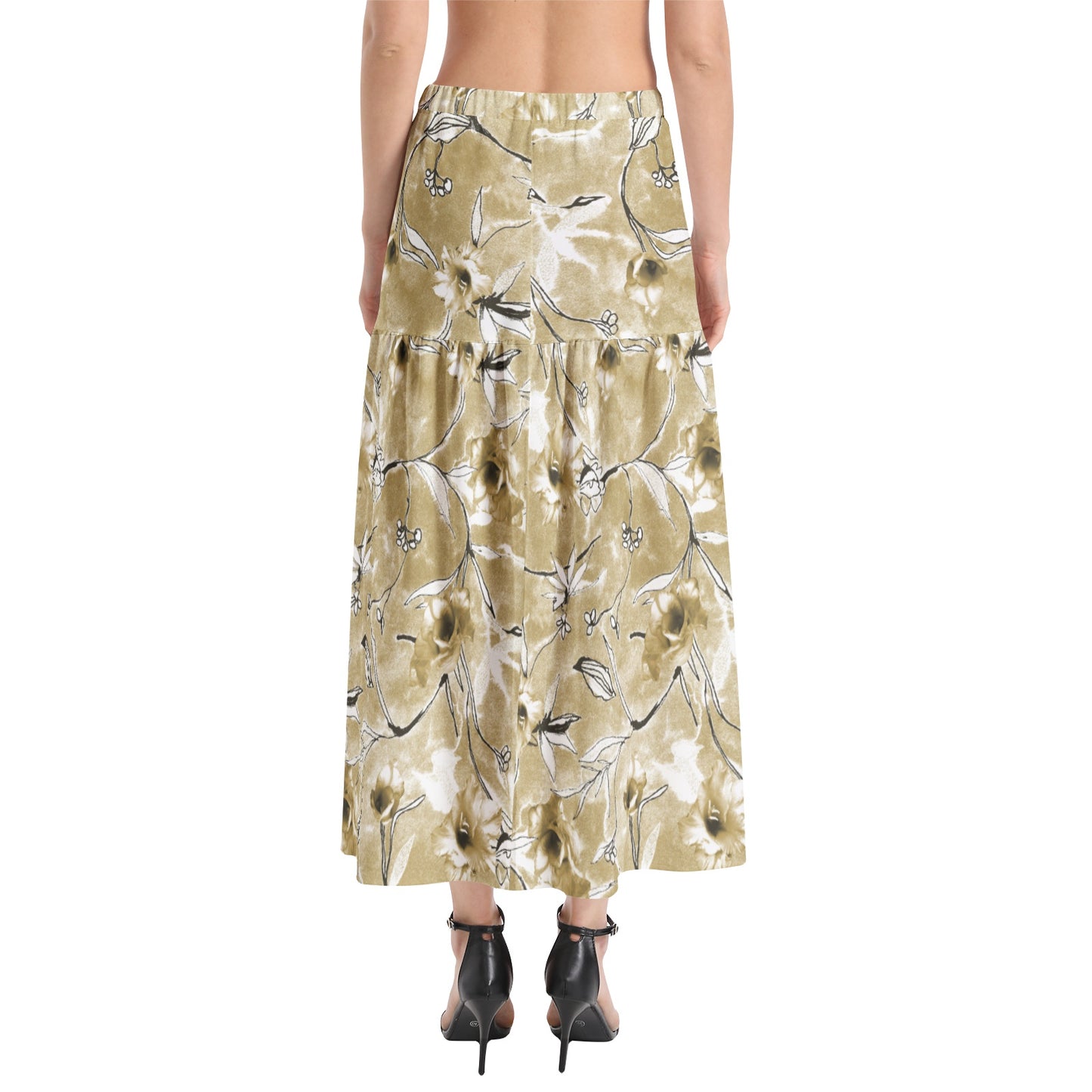 Elastic Waist Ruffle Slit Hem Skirt