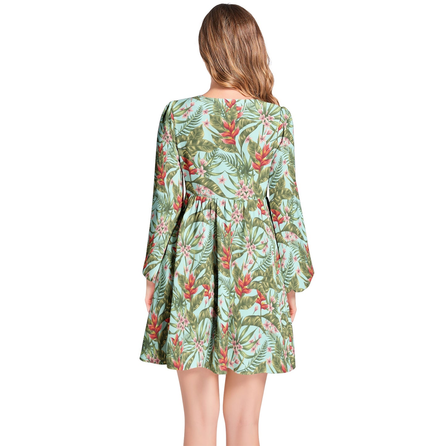 Lantern Sleeve Deep V-Neck Short Dress