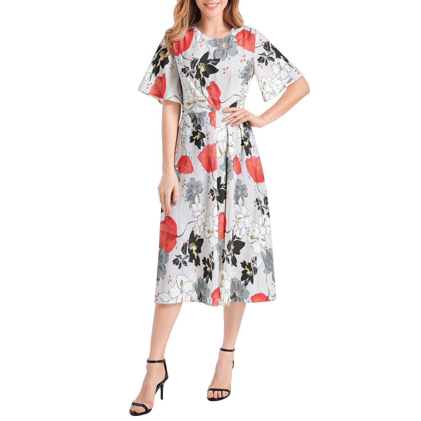 Short Sleeve Waist Folding Midi Dress