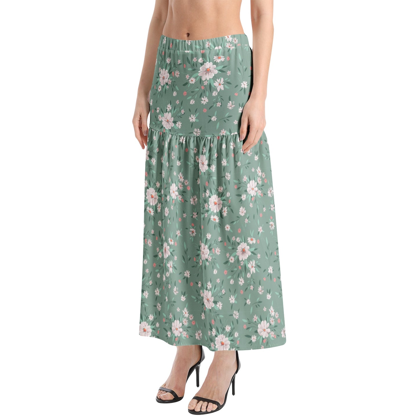 Elastic Waist Ruffle Slit Hem Skirt