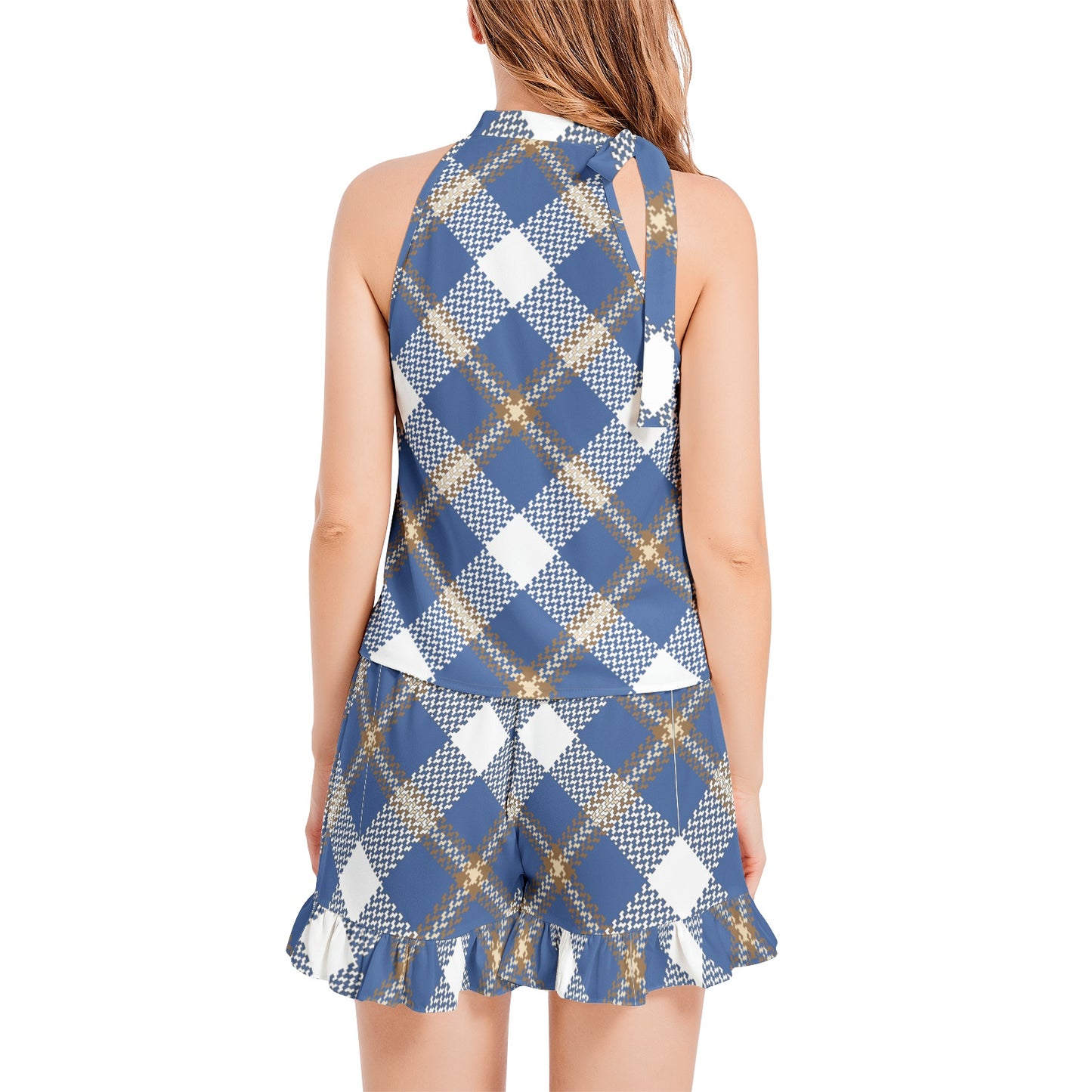 Tie Neck Halter Top and Ruffle Hem Short Set