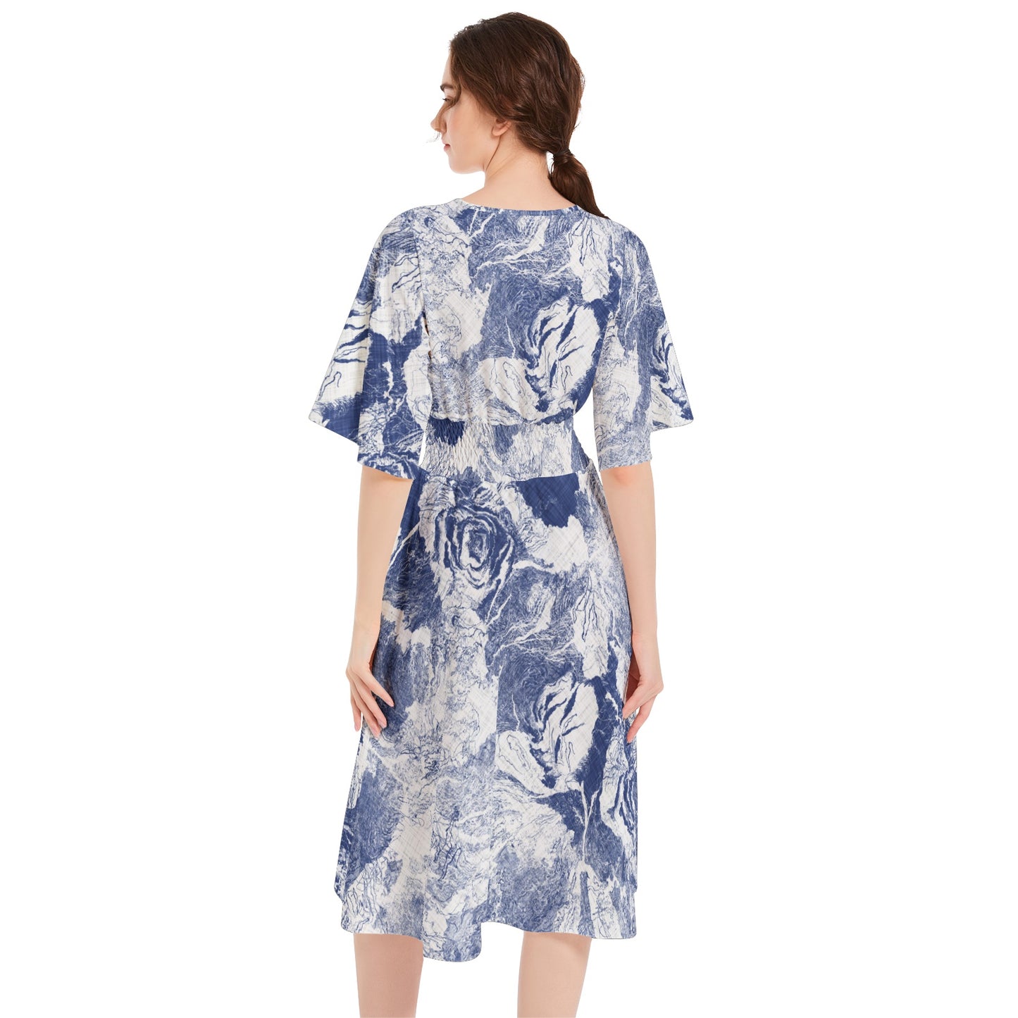 Butterfly Sleeve Shirred High Waist A Line Midi Dress