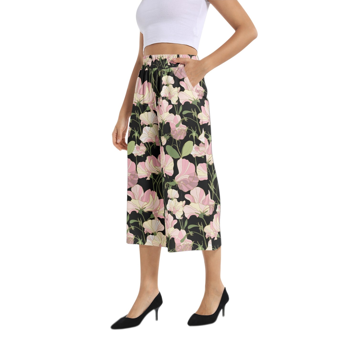 Elastic Waist Capris Wide Leg Pant