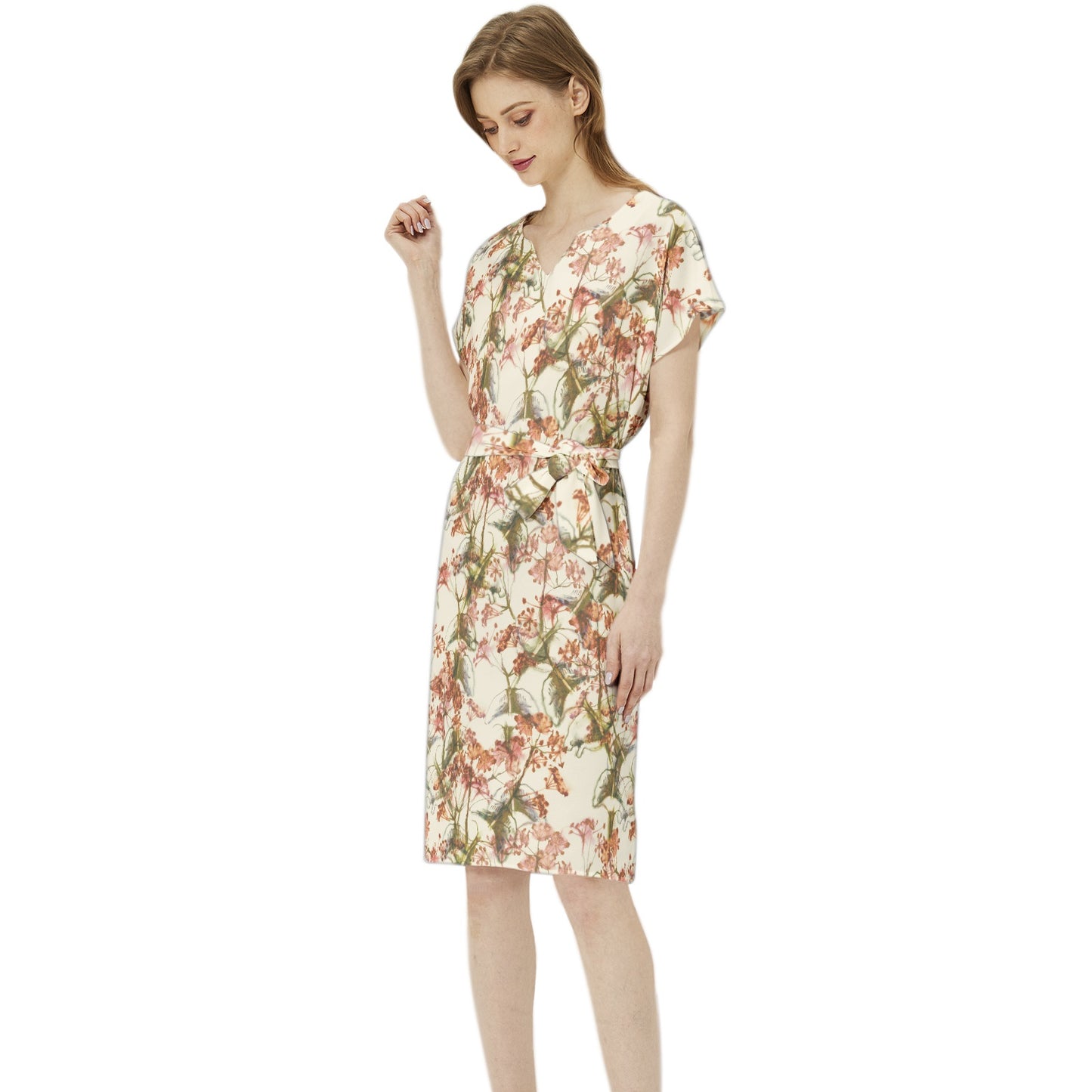 Betwing Seleeve Notch Neck Casual Dress with Belt