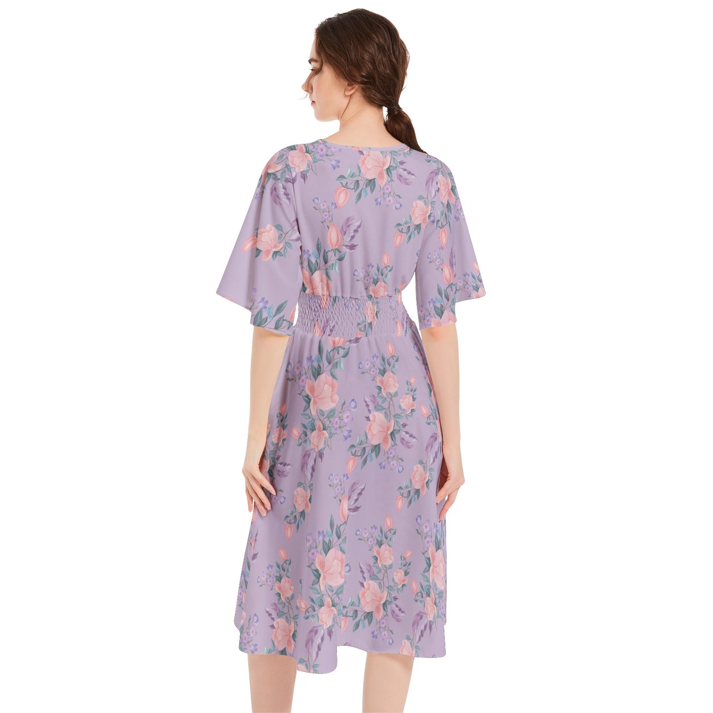 Butterfly Sleeve Shirred High Waist A Line Midi Dress