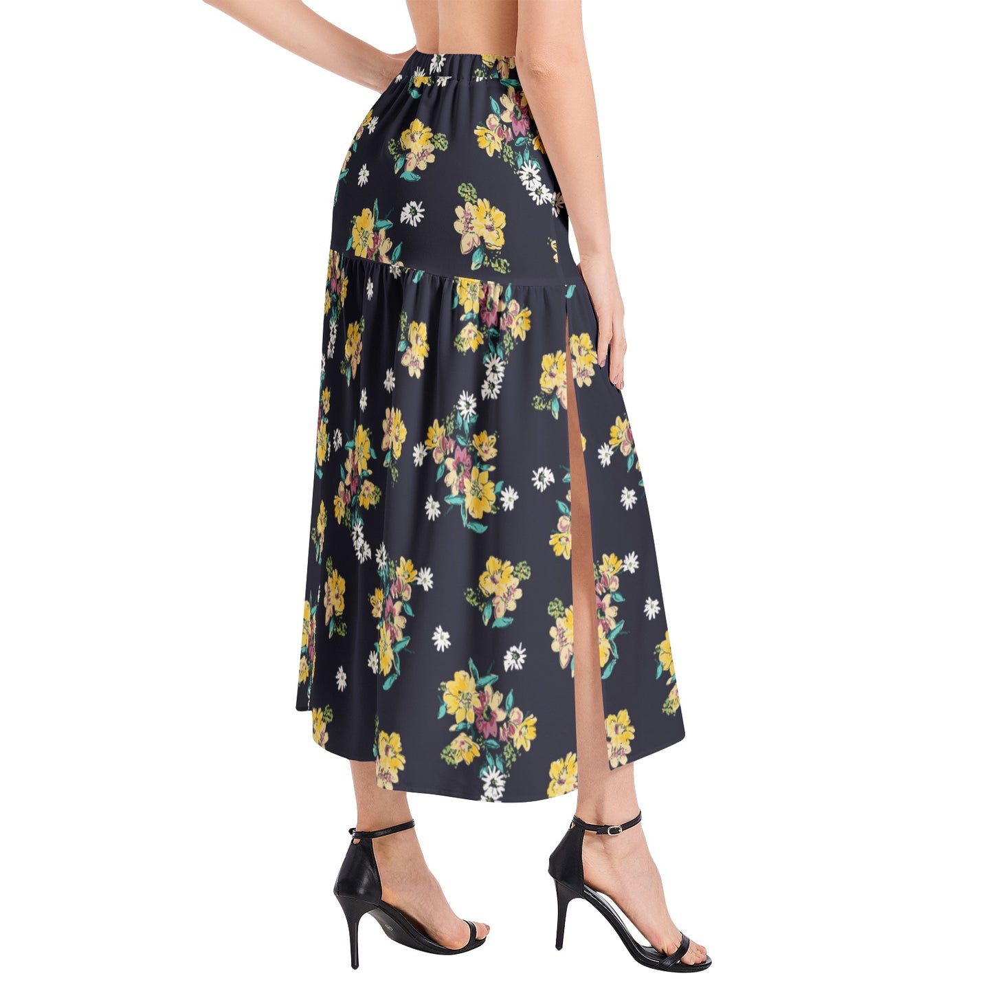 Elastic Waist Ruffle Slit Hem Skirt