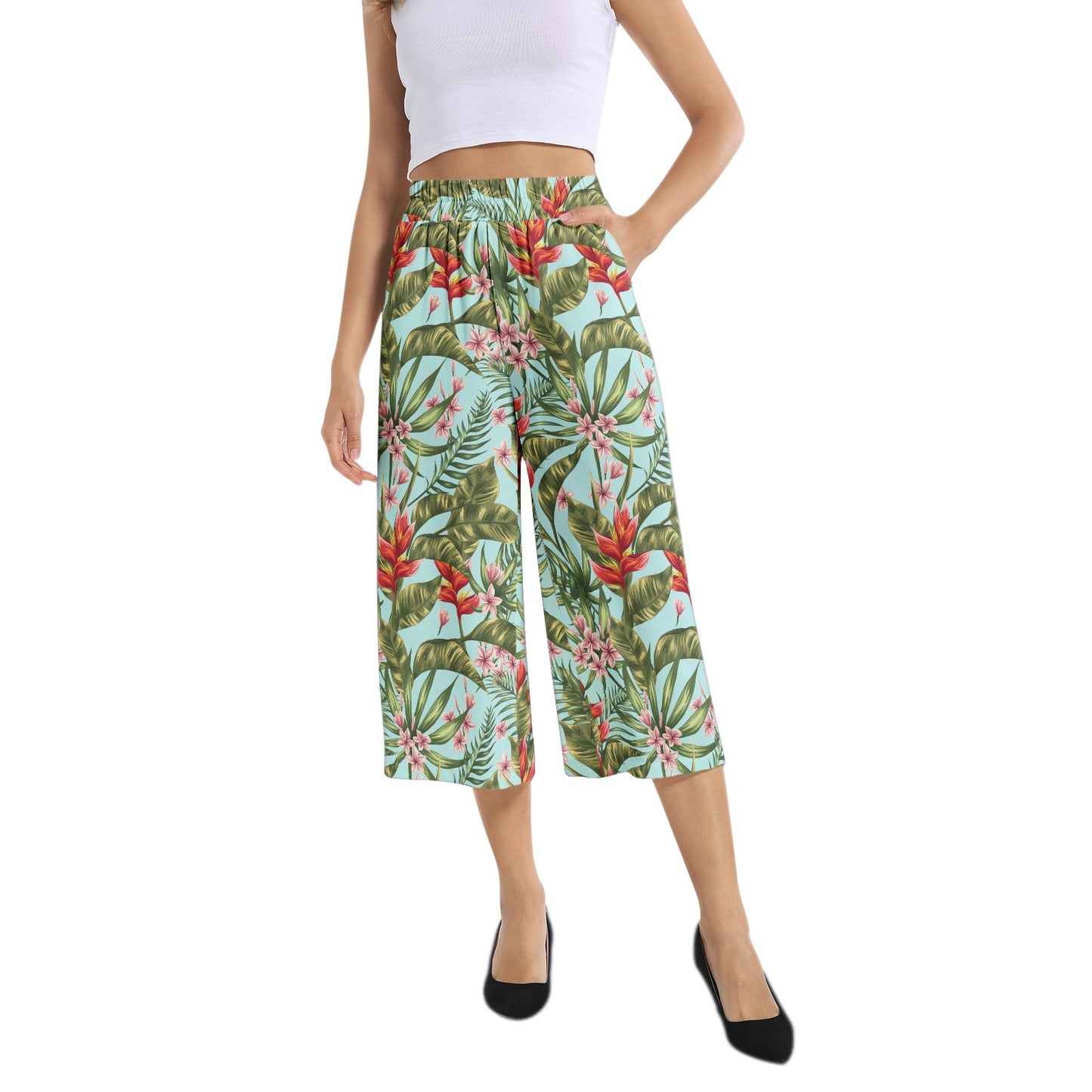 Elastic Waist Capris Wide Leg Pant