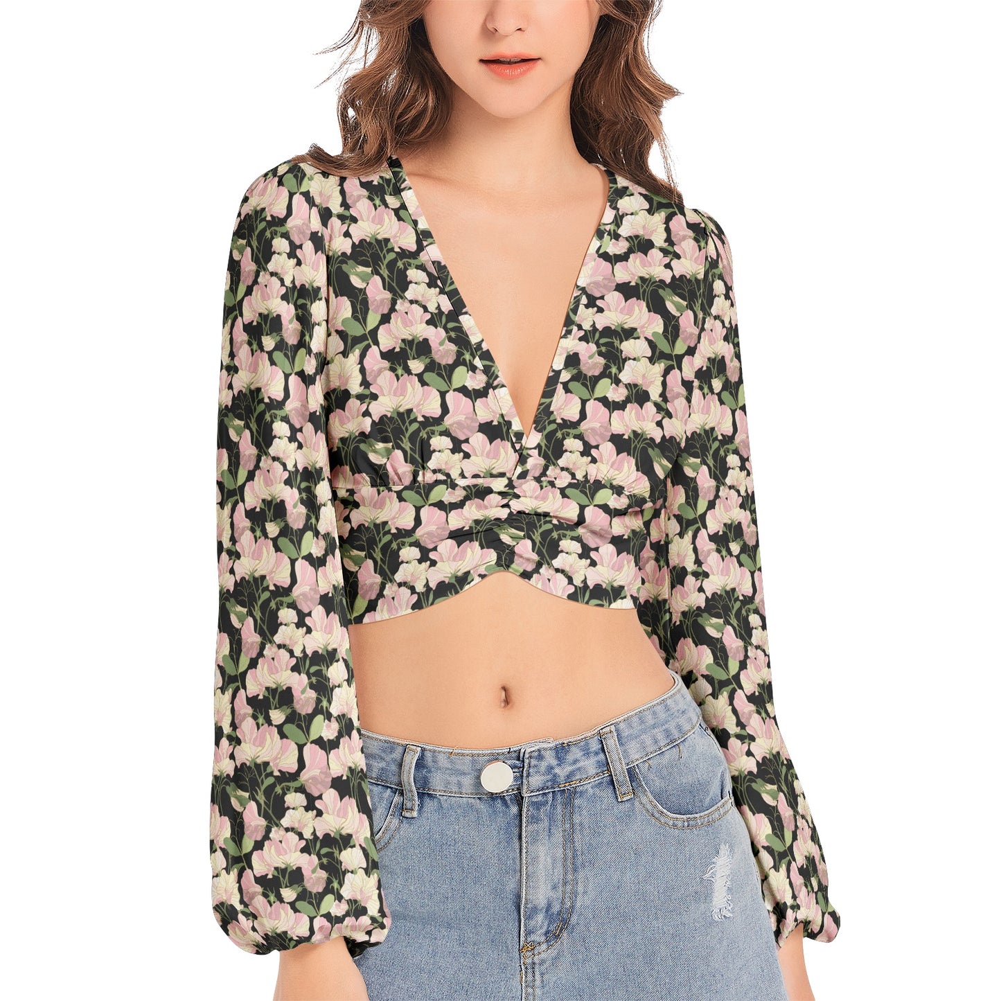 Women's Deep V-Neck Lantern Sleeve Crop Top
