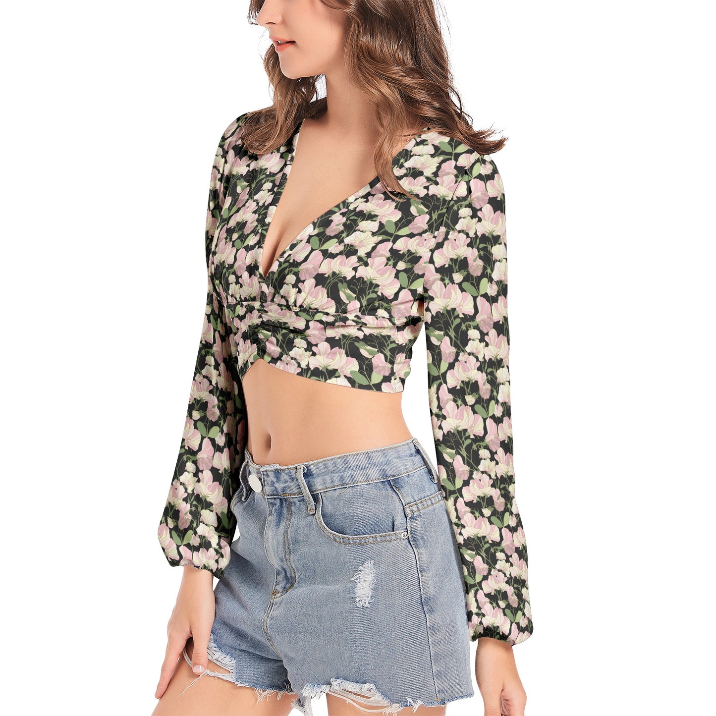 Women's Deep V-Neck Lantern Sleeve Crop Top