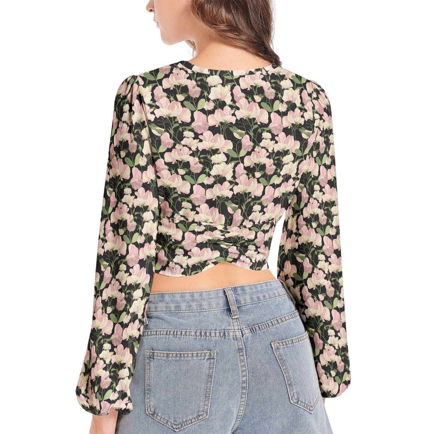 Women's Deep V-Neck Lantern Sleeve Crop Top