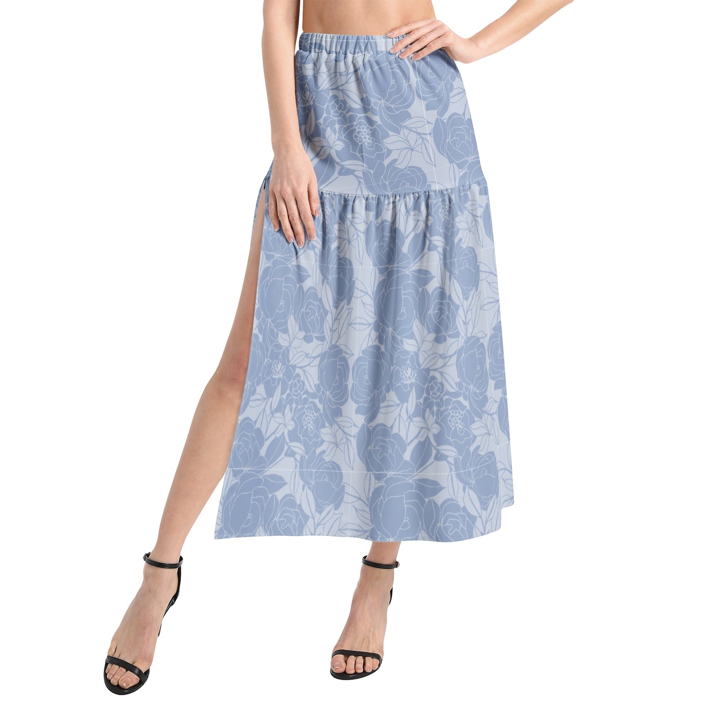 Elastic Waist Ruffle Slit Hem Skirt