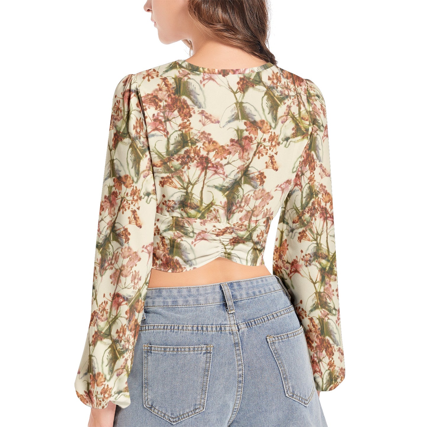 Women's Deep V-Neck Lantern Sleeve Crop Top