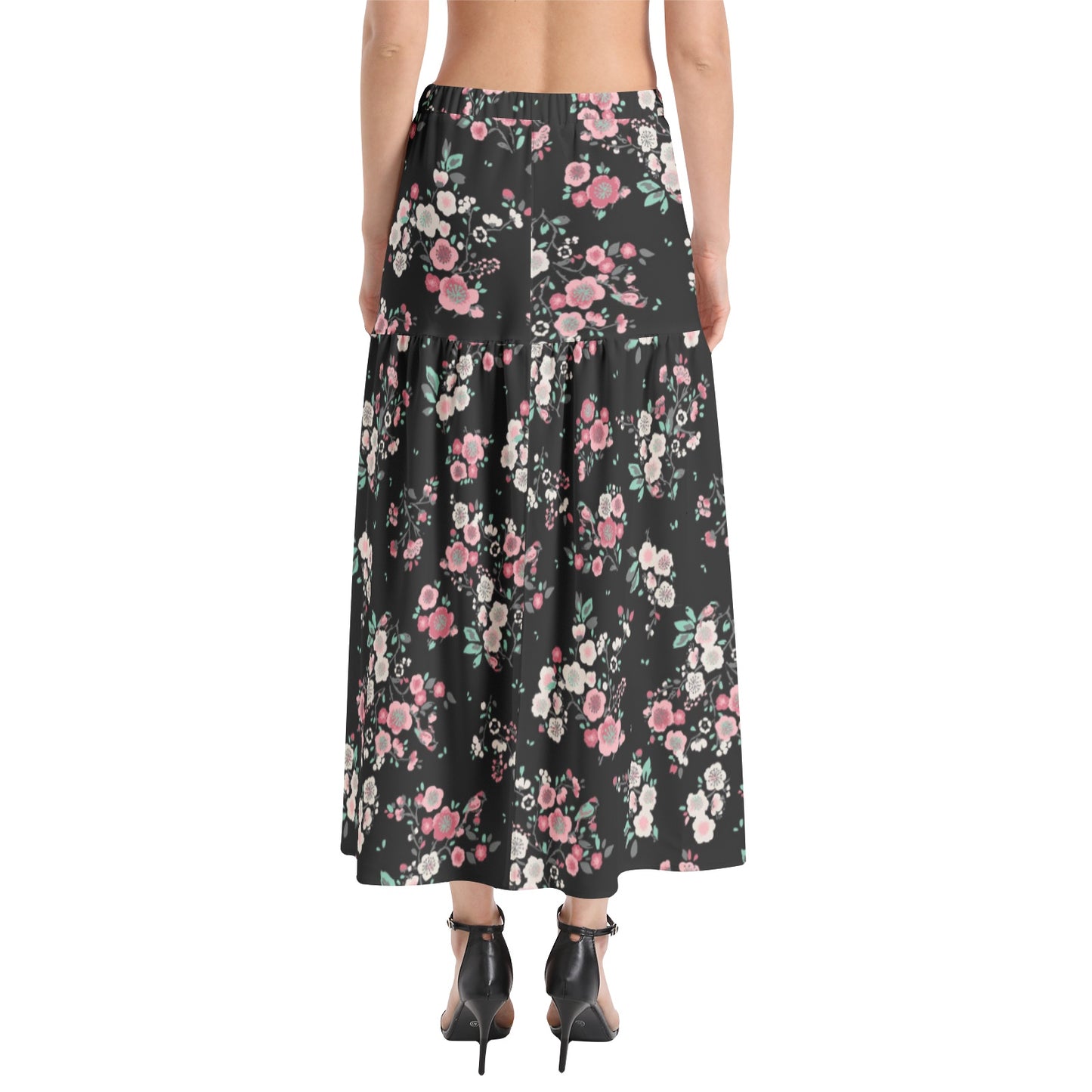 Elastic Waist Ruffle Slit Hem Skirt