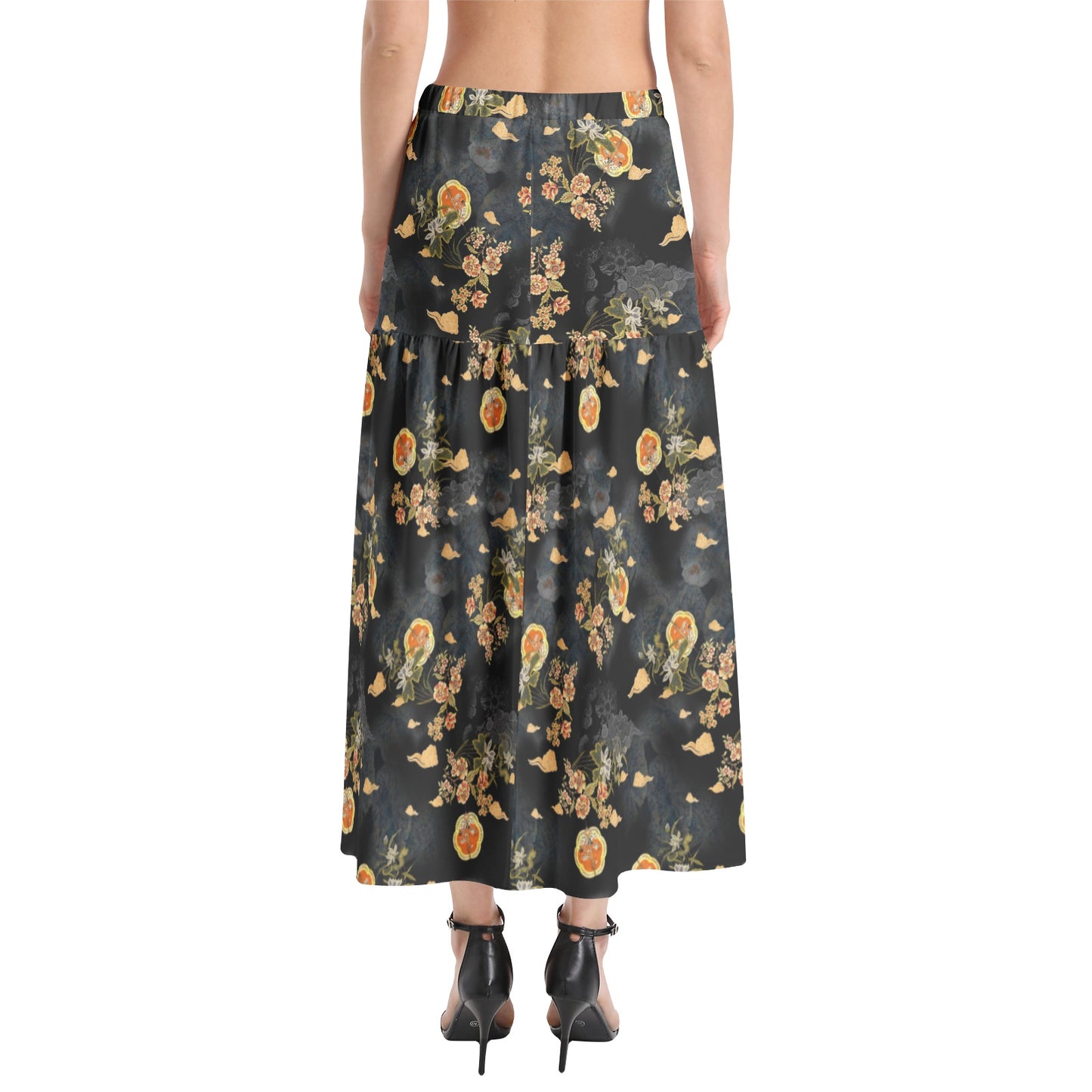 Elastic Waist Ruffle Slit Hem Skirt