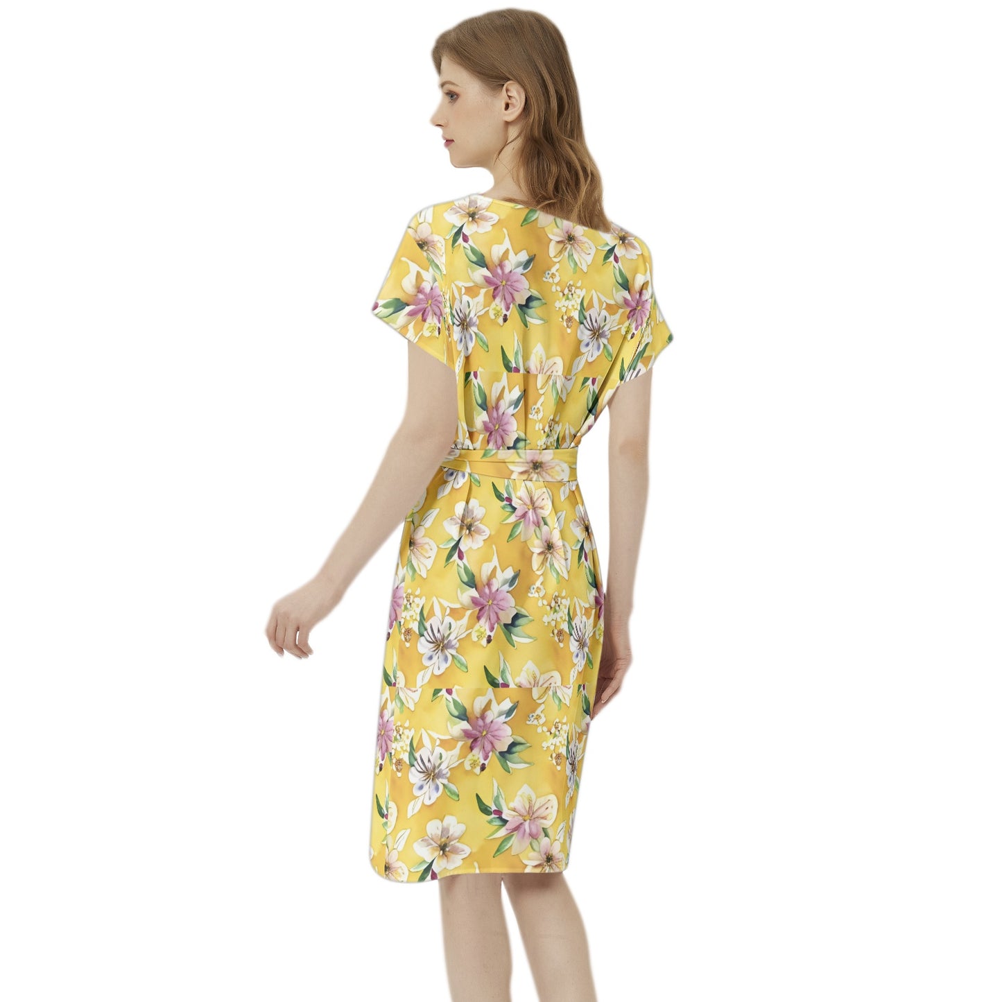 Betwing Seleeve Notch Neck Casual Dress with Belt