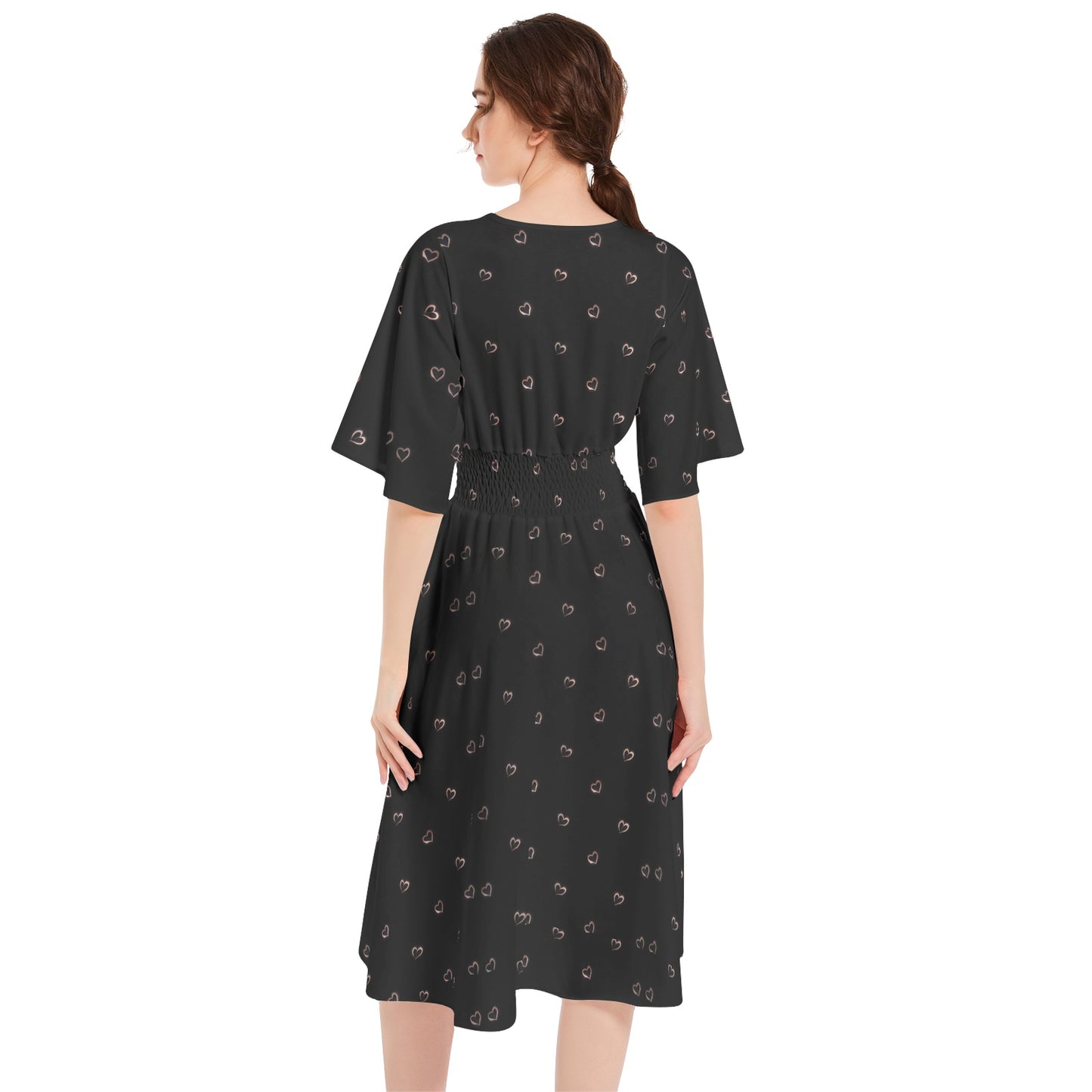 Butterfly Sleeve Shirred High Waist A Line Midi Dress