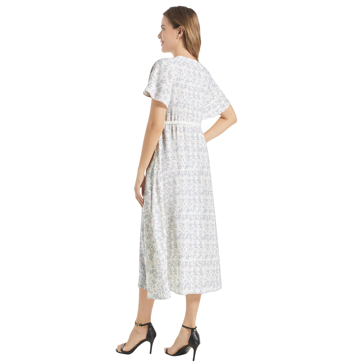 Flutter Sleeve Drawstring Waist Flared Dress