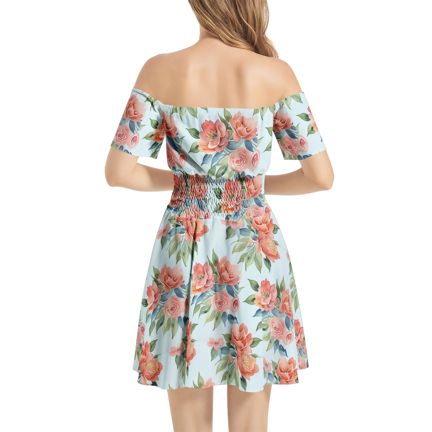 Off Shoulder Shirred Waist Flared Mini Dress