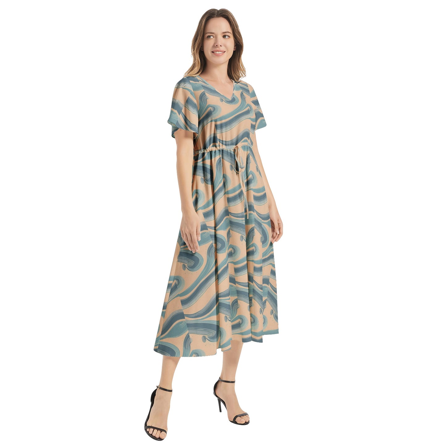 Flutter Sleeve Drawstring Waist Flared Dress