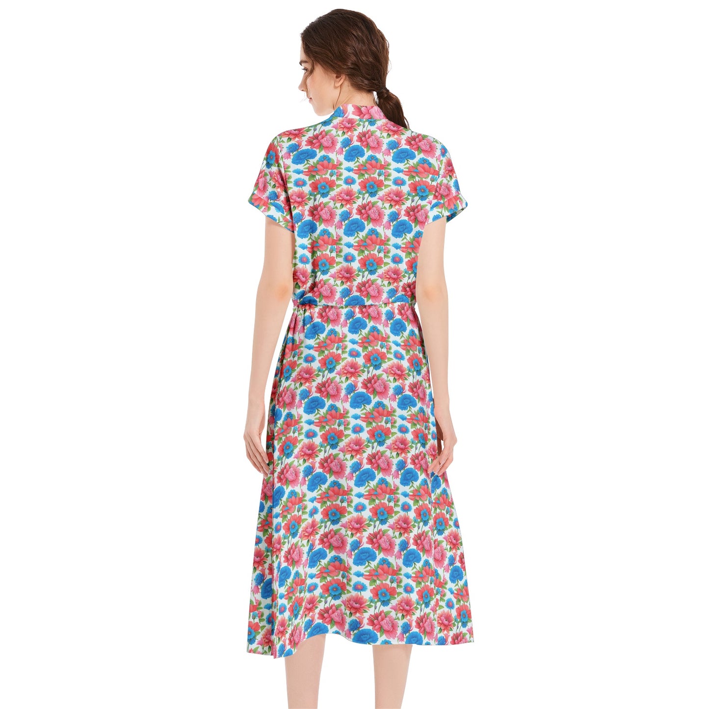 Drawstring Waist A-line Flared Midi Dress