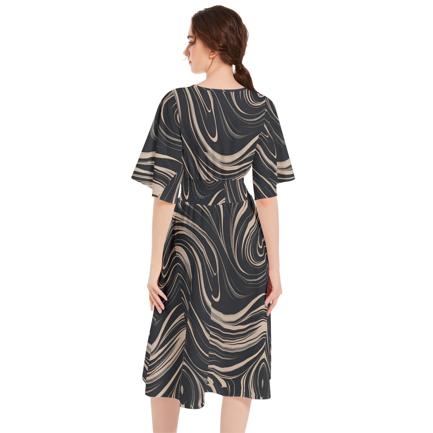 Butterfly Sleeve Shirred High Waist A Line Midi Dress