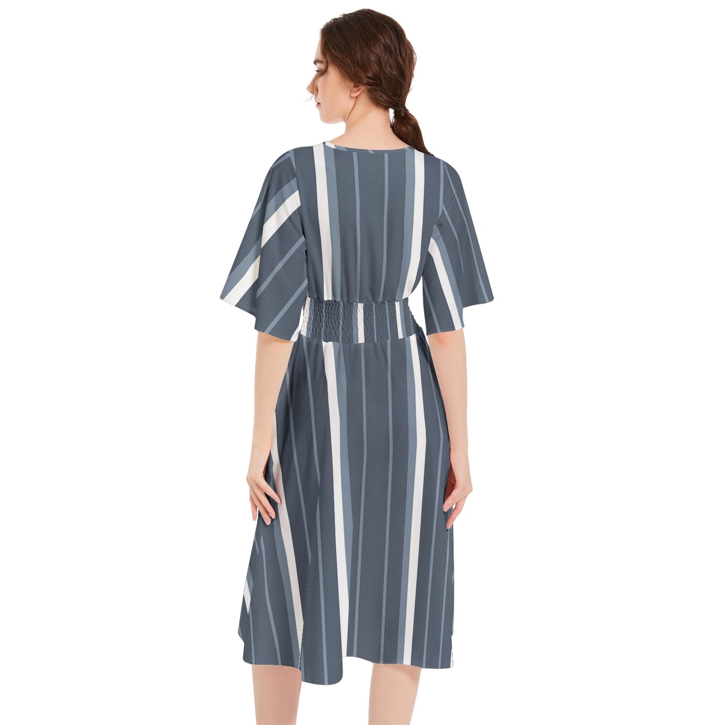 Butterfly Sleeve Shirred High Waist A Line Midi Dress