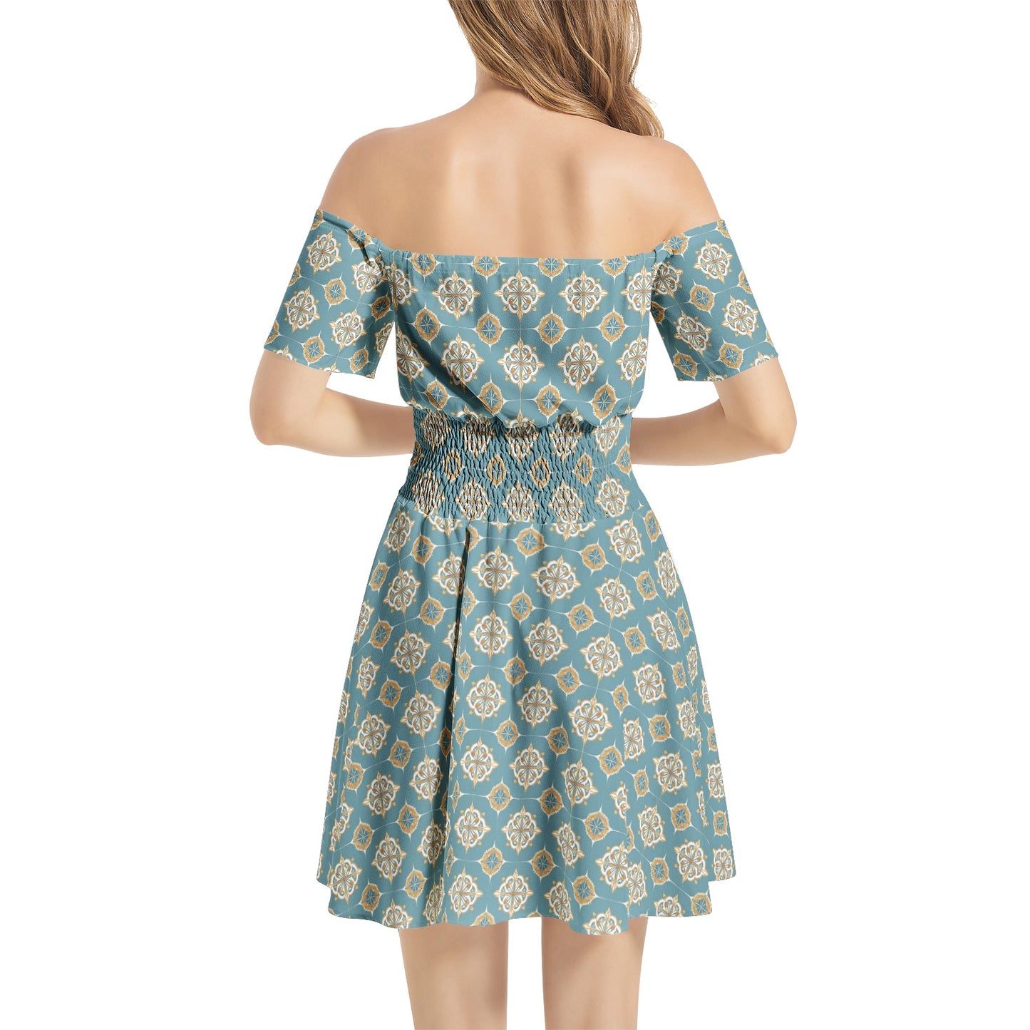 Off Shoulder Shirred Waist Flared Mini Dress