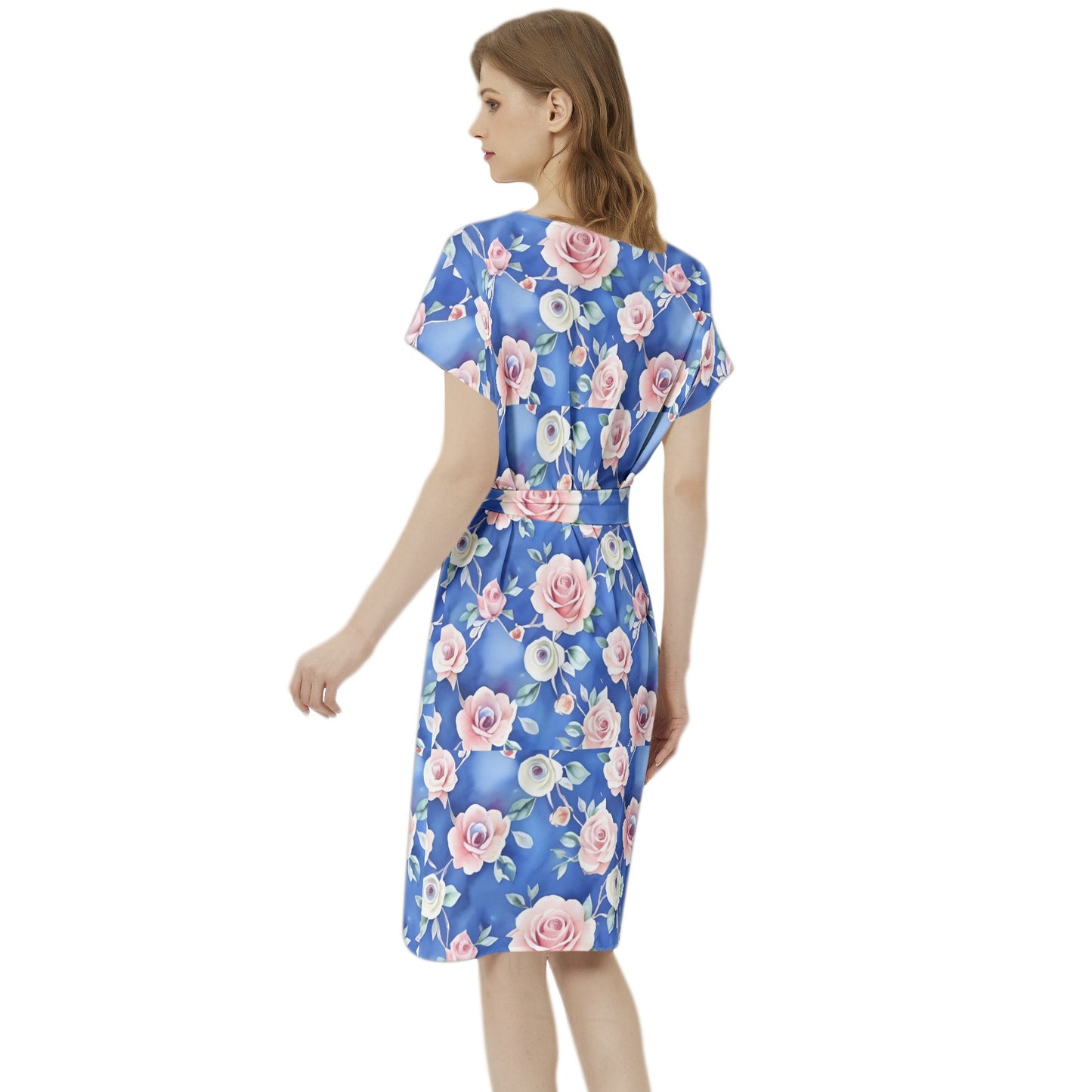 Betwing Seleeve Notch Neck Casual Dress with Belt