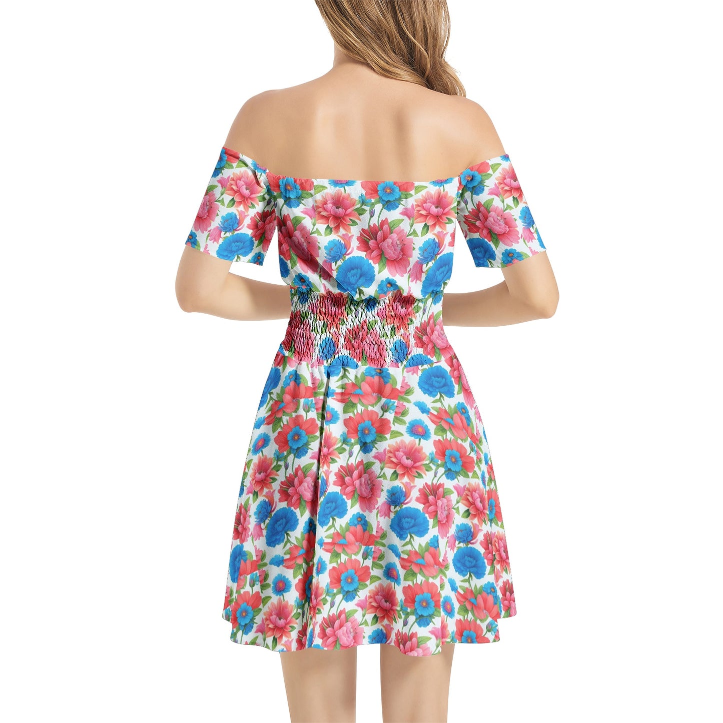 Off Shoulder Shirred Waist Flared Mini Dress