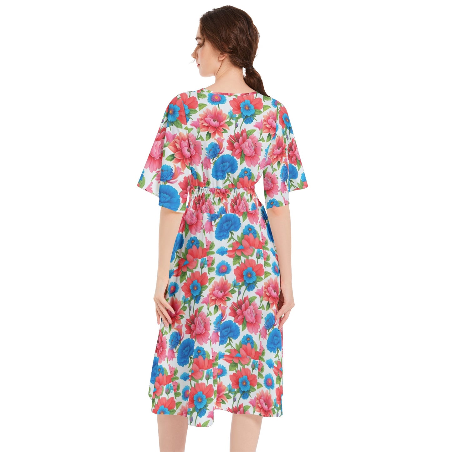 Butterfly Sleeve Shirred High Waist A Line Midi Dress